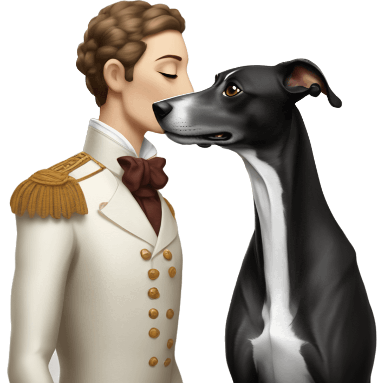 Two aristocrat dog black and white galgo kiss with women with brown hair  emoji