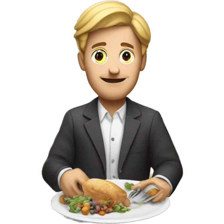 man at dinner table with cuttlery in his hands, money on the plate emoji