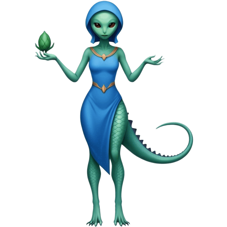 a reptilian alien woman full body, in blue dress emoji