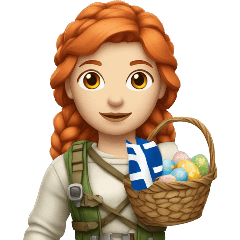 red hair female winter mountaineer with Greek flag and easter basket emoji