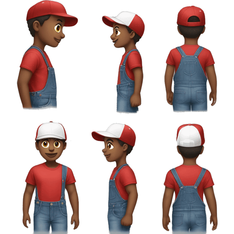 African American Boy

Clothing: Wearing a red t-shirt with denim overalls, white sneakers, and a baseball cap turned backward emoji