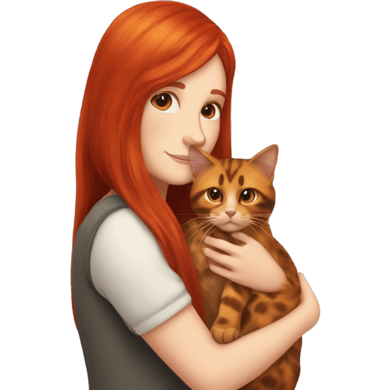 white girl with long red hair cuddling tortoiseshell cat emoji