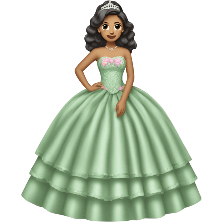 Morenita quinceañera with sage green and pink dress emoji