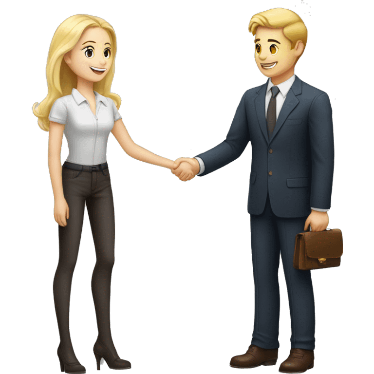 A 40-year-old fair-skinned businessman shakes hands with an 18-year-old fair-skinned blonde girl, full-length emoji emoji