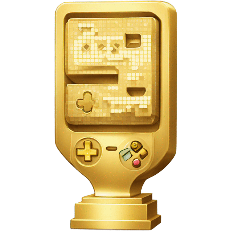 A gold pixel trophy with ‘GG’ engraved, sparkling with a gaming controller icon. emoji