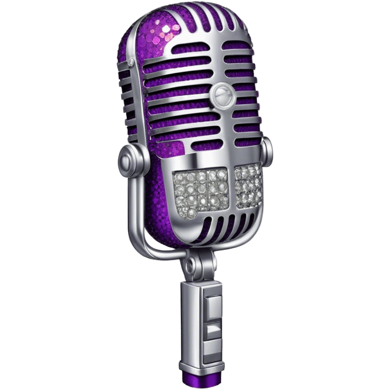 Create a glamorous and vibrant emoji representing stage vocal performance. The design should feature a humanless collage of classic vintage microphone, stage costume covered in rhinestones, sparkling brightly. The costume should be stylized, with glittering elements like sequins and sparkles, and reflect the glitzy, extravagant nature of show business. The microphone should have a sleek, retro look with chrome or metallic accents. Use rich, dazzling colors like gold, silver, deep purple, and bright red to evoke the glamorous, larger-than-life feel of a stage performance. The background should be transparent. emoji