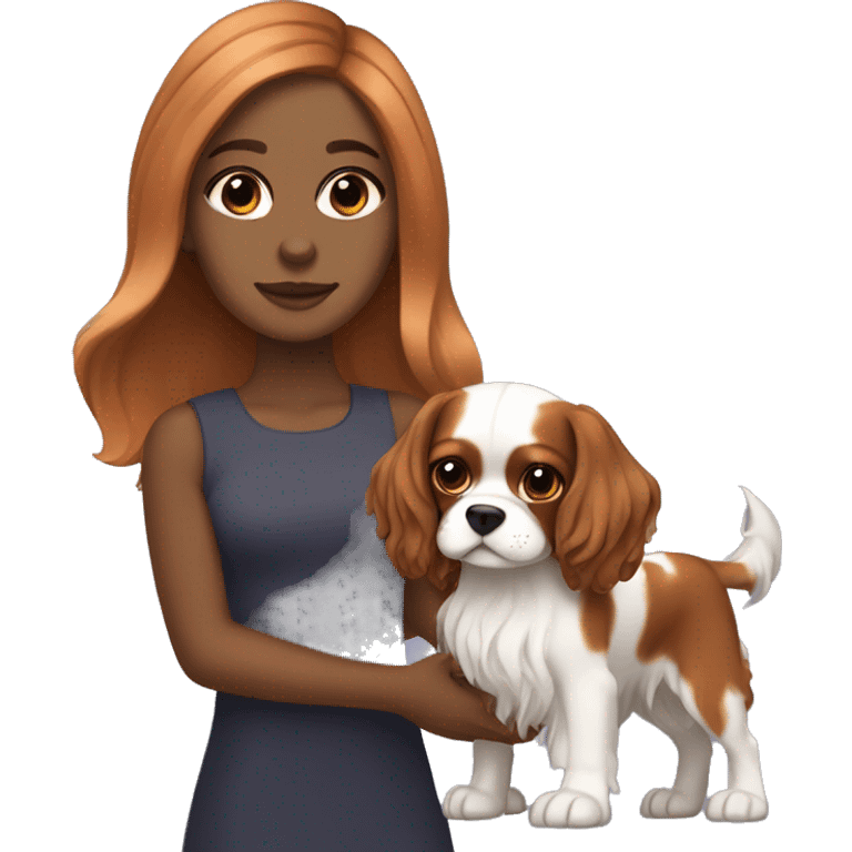 dar hair girl with dark eyes and light skin holding a cavalier king charles spaniel tricolor  emoji