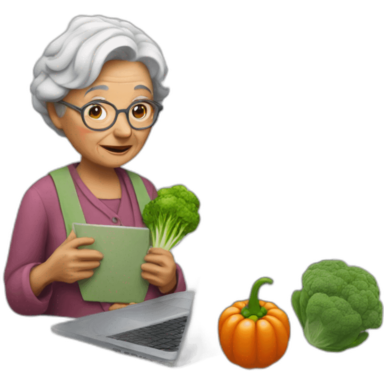 Old woman with a laptop and a vegetable emoji