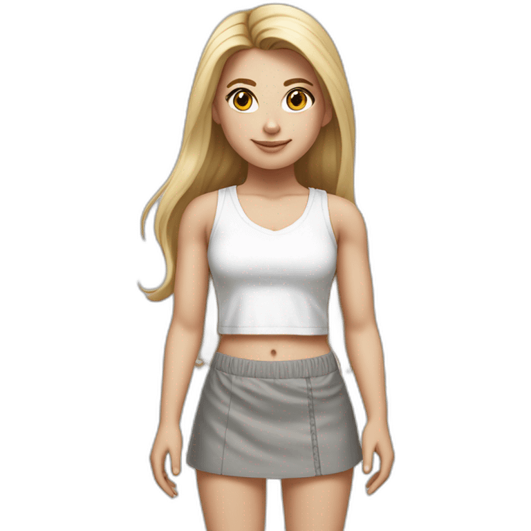 hyperrealist caucasian girl, long straight blonde hair, white v-neck laced crop tanktop, grey tight mini skirt, sneakers, facing camera emoji