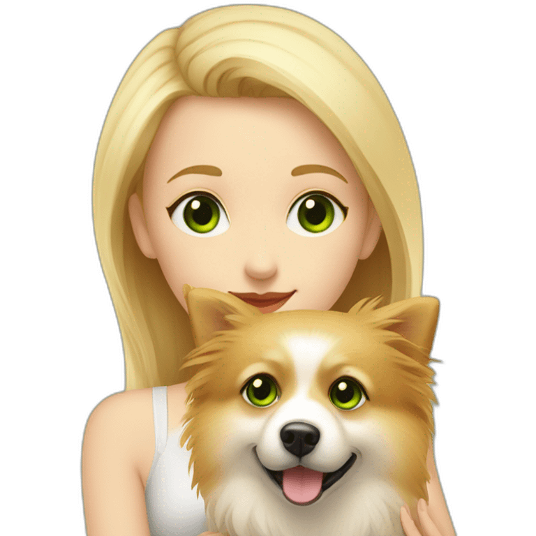 Blonde girl with green eyes, hugs her pomeranian dog, red emoji