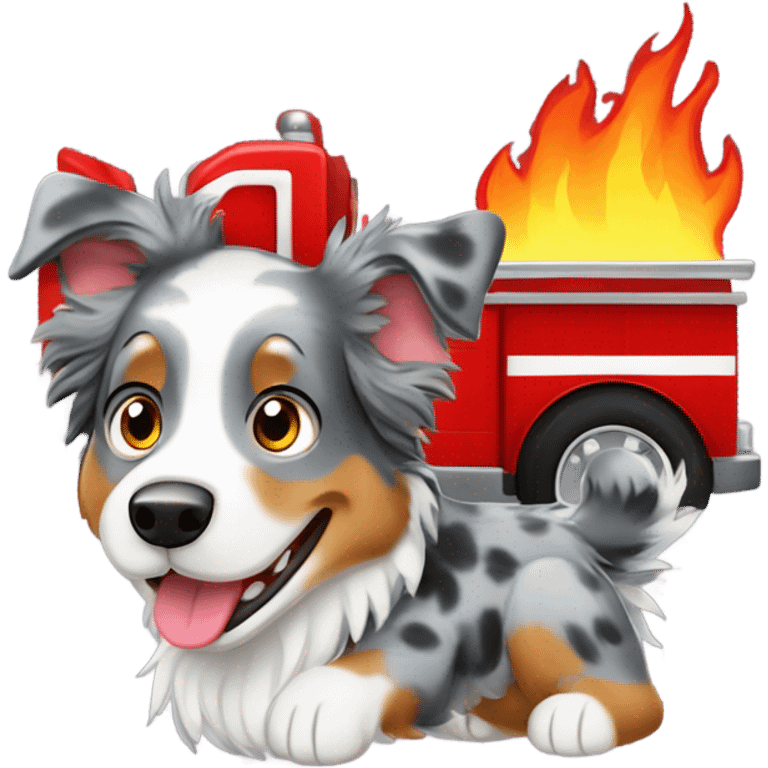 Blue Merle Australian Shepard riding in fire truck emoji