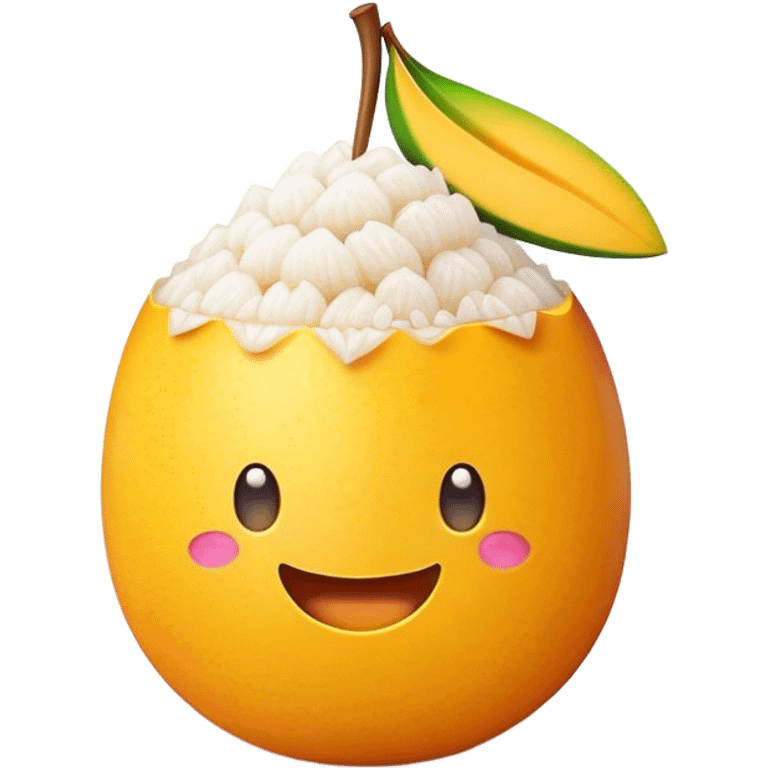 Cinematic Realistic Mango Sticky Rice Dessert Emoji, showcasing sweet sticky rice paired with ripe mango slices and coconut milk rendered with lifelike detail and warm, inviting lighting. emoji