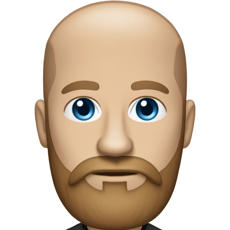 Bald, Caucasian, sky-blue-eyed, Psychotherapist in a modern colorful chair. He has a brown full beard and he’s Wearing a black dress shirt with a subtle pattern, blue jeans and black Chelsea boots with his legs separted leaning forward grey in goatee emoji