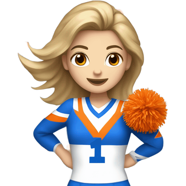 Caucasian Cheerleader with orange and blue Pom poms  in her hand and a “K1 “on Uniform emoji