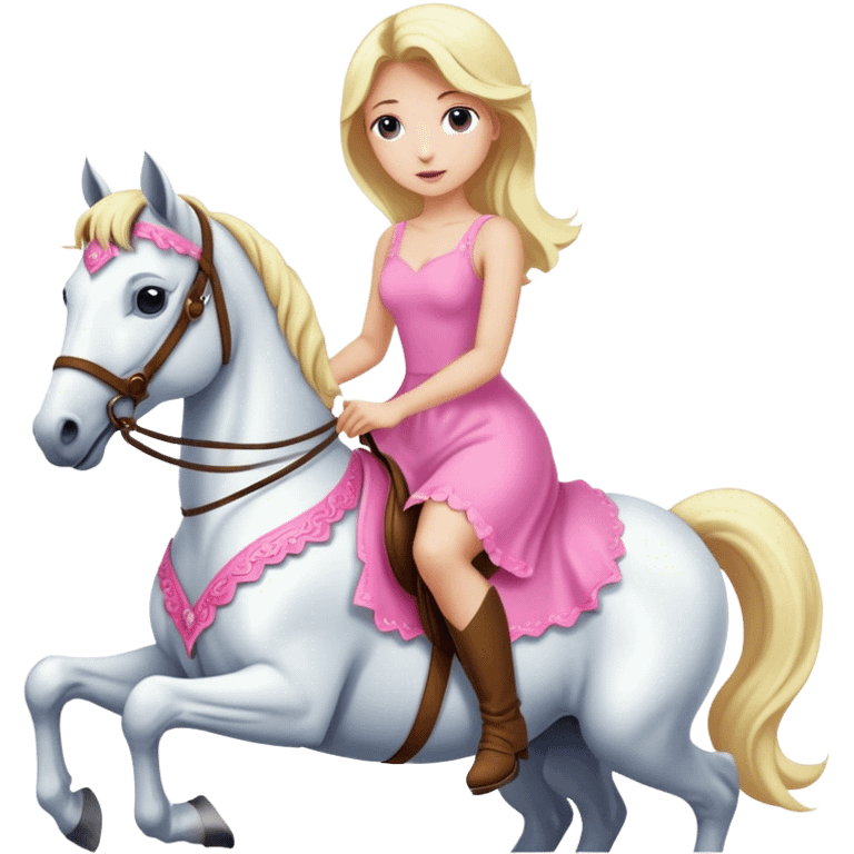 a blonde woman wearing pink dress and riding a white horse  emoji