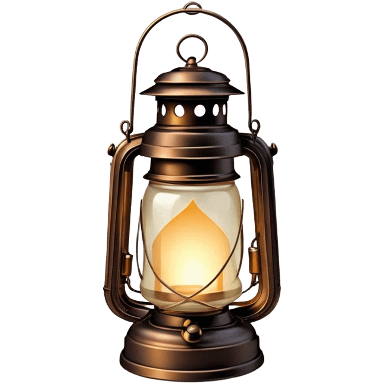 Cinematic Realistic Lantern, an old-fashioned glass lantern with a warm flickering glow, delicate details on the metal handle, softly illuminating the surrounding darkness, glowing with a comforting and nostalgic charm. emoji