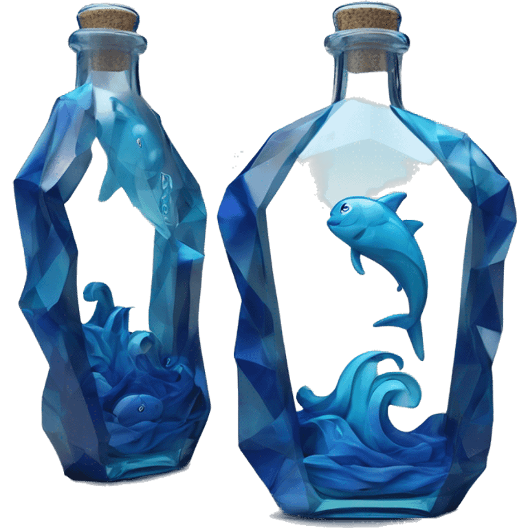 symbolic ocean in a bottle sculpture symbolizing Pisces with a geometric, faceted design. The bottle is standing upright with angular and baroque features. The vibrant deep blue waves colors highlights the sharp edges and planes.  emoji