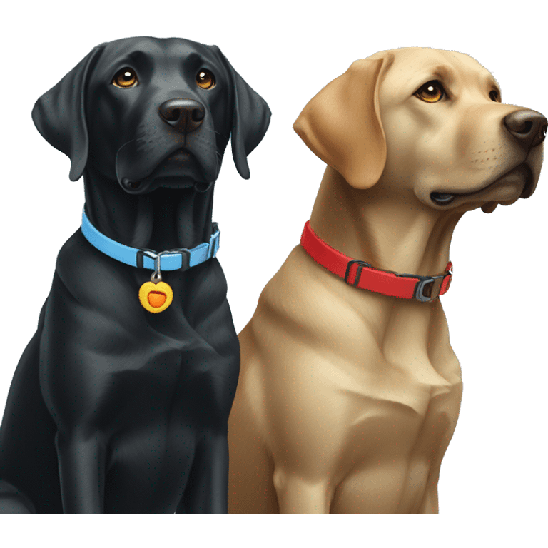 black-coloured labrador on the left with red collar, black-coloured labrador on the right with light blue collar. emoji