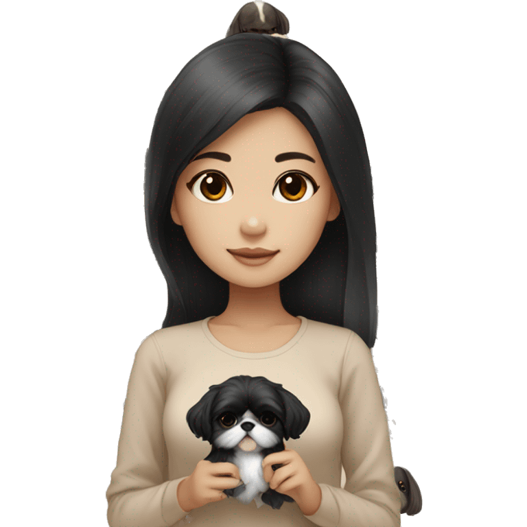 long black hair korean girl with beige and black shih tzu puppy emoji