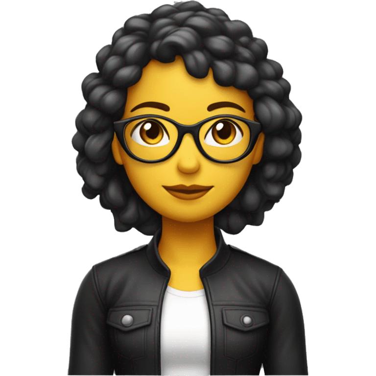 Chica moreita,pelo largo negro risado, lentes de leer redondos, cuerpo entero emoji