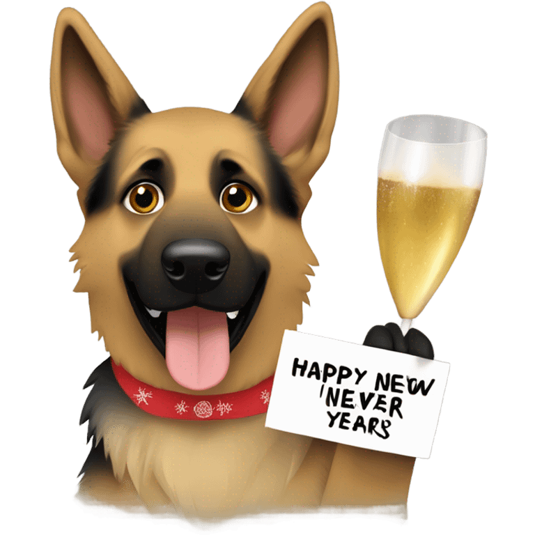 Blonde and brown German shepherd holding a sign that says “Happy New Years Eve” emoji