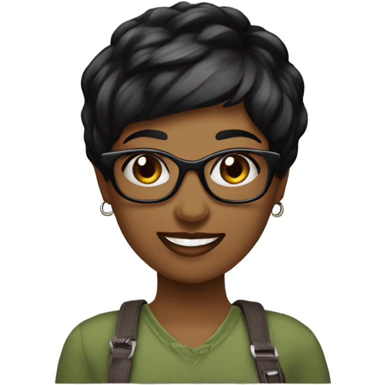 Graphic Designer woman black pixie cut with laptop, happy, no glasses emoji