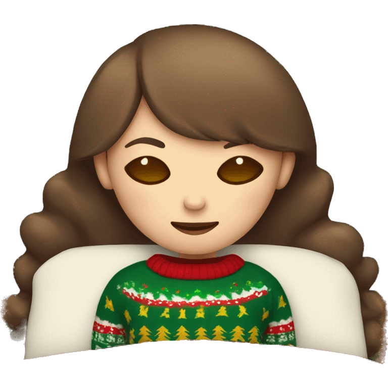 Sleeping girl with brown hair and eyes with a cute Christmas sweater  emoji