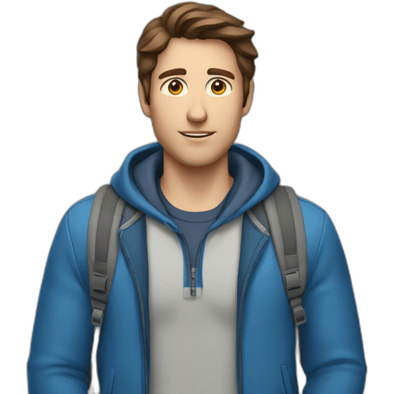 a guy with brown hair and gray eyes in a blue jacket with a backpack on his back emoji