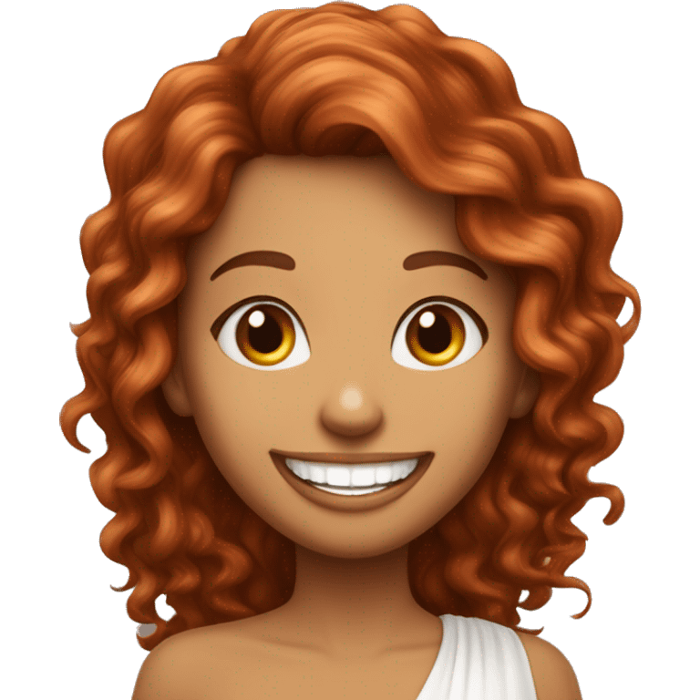 mulher ruiva com cabelos longos com franja vestida de noiva com sorriso mostrando os dentes emoji