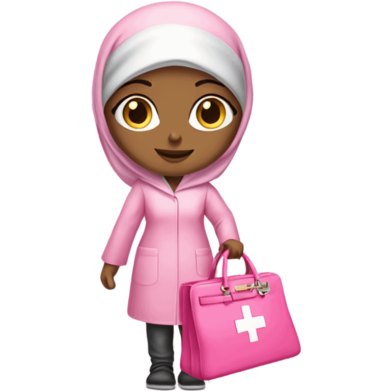 a girl wearing hijab, and wearing a medical scrub holding a luxury pink birkin bag emoji