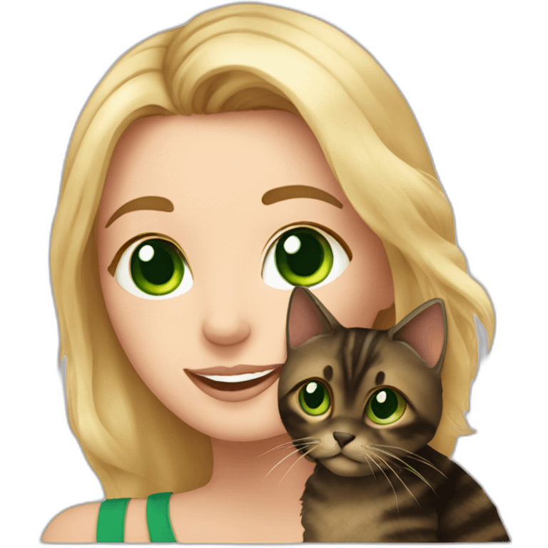 Blonde woman with green eyes holding a fluffy tortoiseshell cat emoji