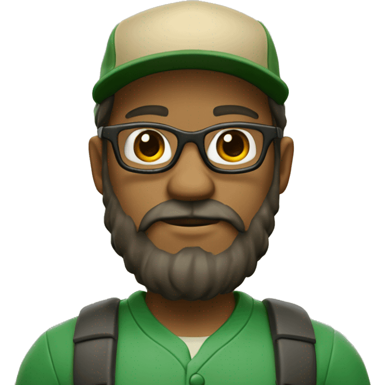 A 3D avatar with a oil-green baseball cap, glasses, and a full beard on a beige background. 35 years old

 emoji