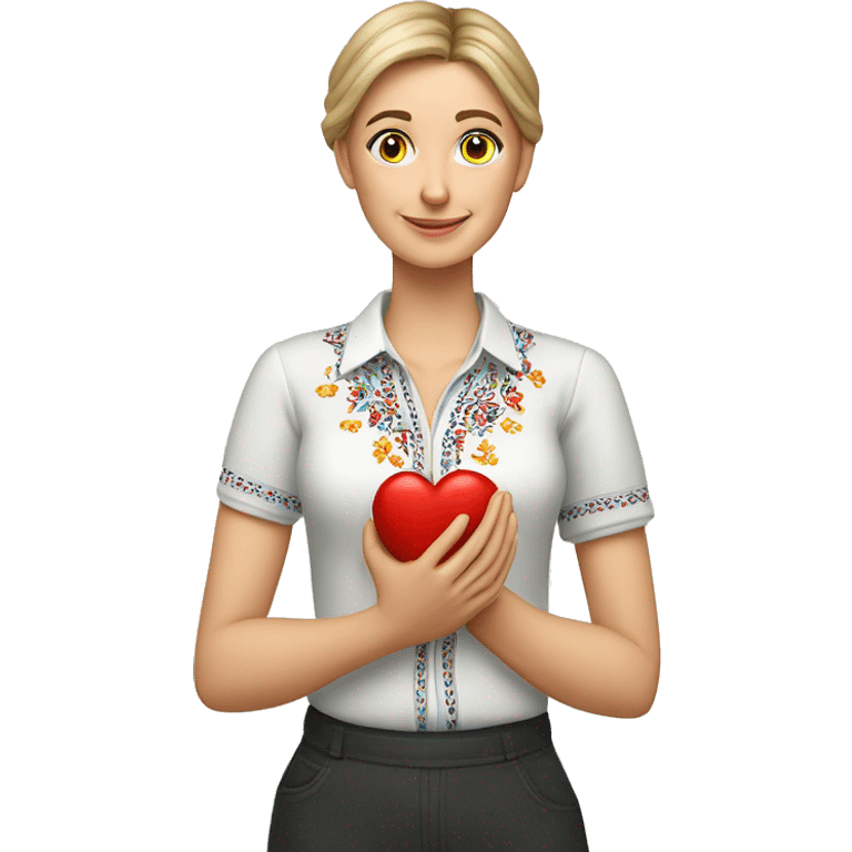 A Ukrainian teacher in an embroidered shirt holds a heart in her hands emoji