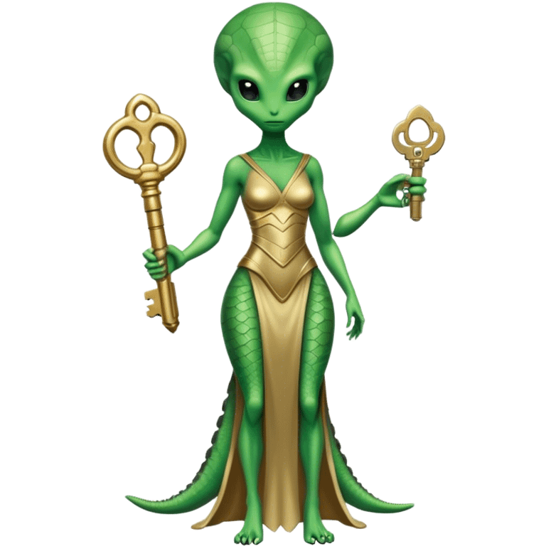 a reptilian alien woman green , in gold dress, hold a big key, full figure emoji