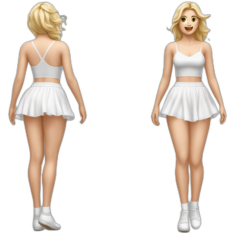 Hyperrealistic Full body Caucasian curvy beauty jumping short white skirt back and front views strong wind knickers long white socks emoji