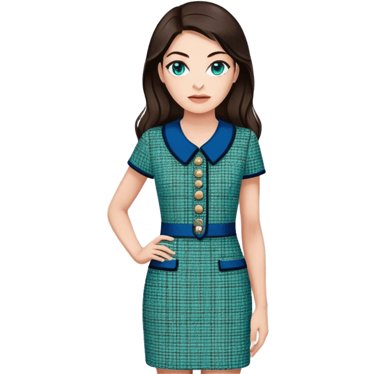 a 30 year old female venture capitalist with 50% greek and 50% american genes, 6 ft tall, long dark brown hair and blue/green eyes, wearing a chanel tweed professional dress emoji