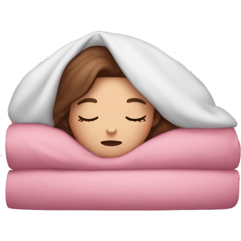 White girl with brown hair sleeping under pink covers emoji