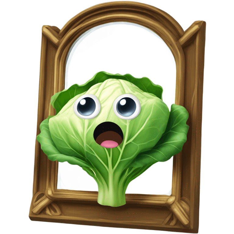 Create a 3D "White colored cabbage" with a surprised face and big shiny eyes 👀. one green leaf, white colored copta holds the mirror with its reflection 🪞 emoji