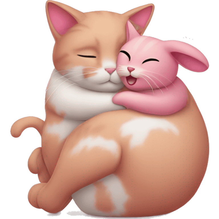 Pink cat hugging bunny emoji