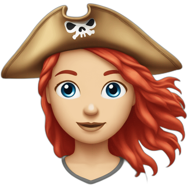 Woman long red platted hair hair only on one side of head, pirate hat. One side of head has no hair. Blue eyes. skull and crossbones t shirt emoji