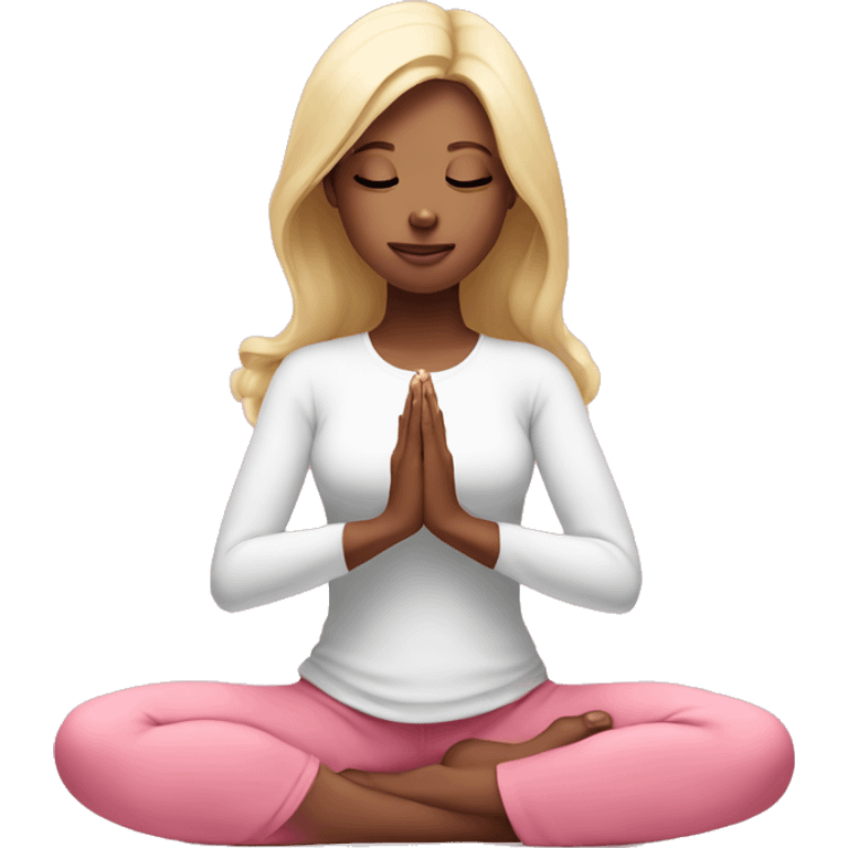 White skin blonde Girl doing praying yoga pose in pink tones half body emoji