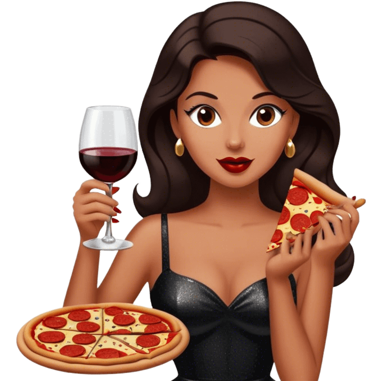 Beautiful woman in 1950’s woman fashion look, black shimmery dress, long dark brown hair, red wine, Pepperoni pizza emoji