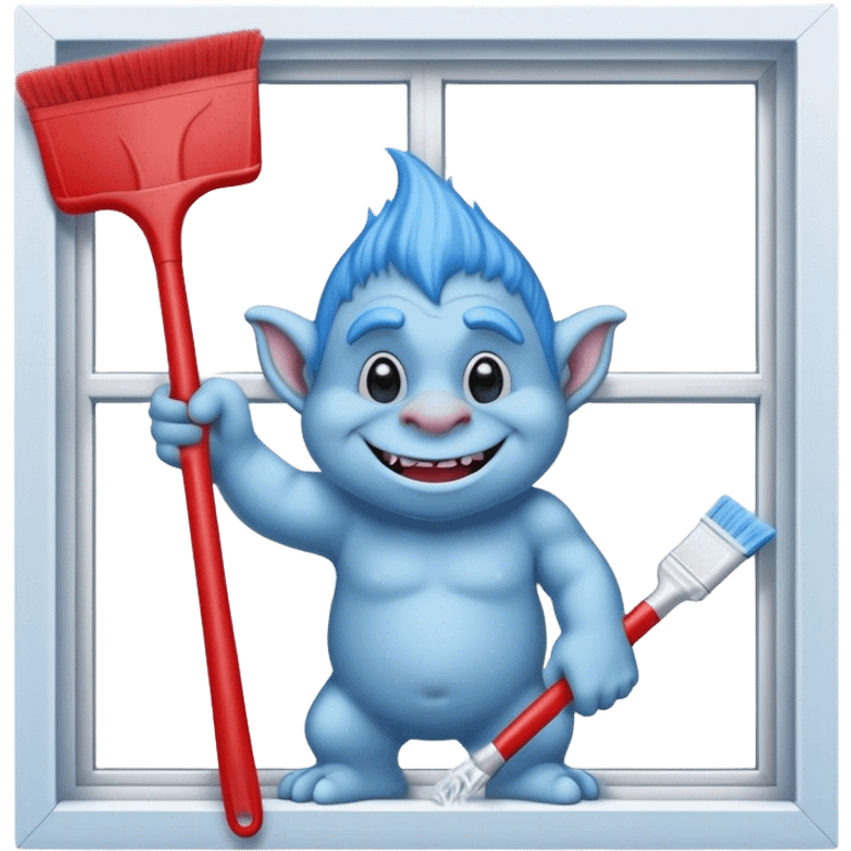 blue Troll cleaning a window using red squeegee emoji