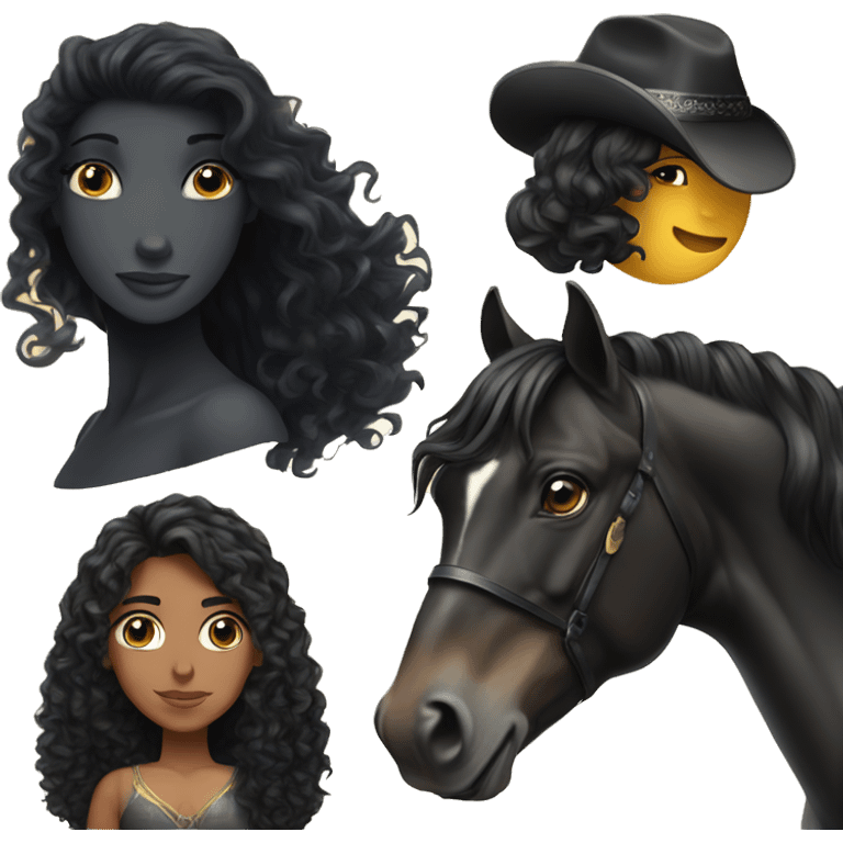  girl, long black curly hair, next to a black Arabian horse emoji