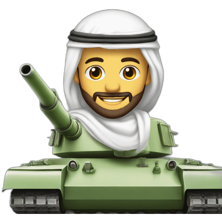 prince from Saudi Arabia with a beard in a white  shemagh national headdress riding  on a tank, smiling emoji