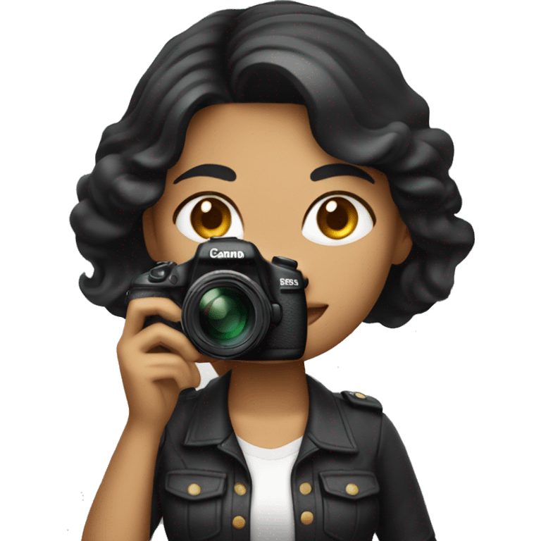 women photographer with black hair and light skin holding a camera canon emoji