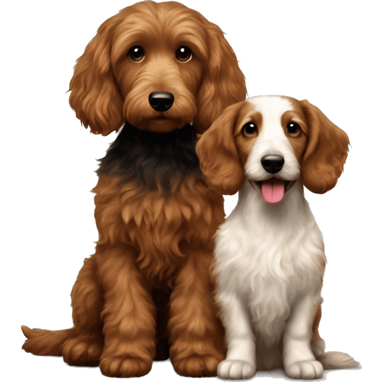  Brown goldendoodle and a black and brown longhair dachshund sitting together  emoji