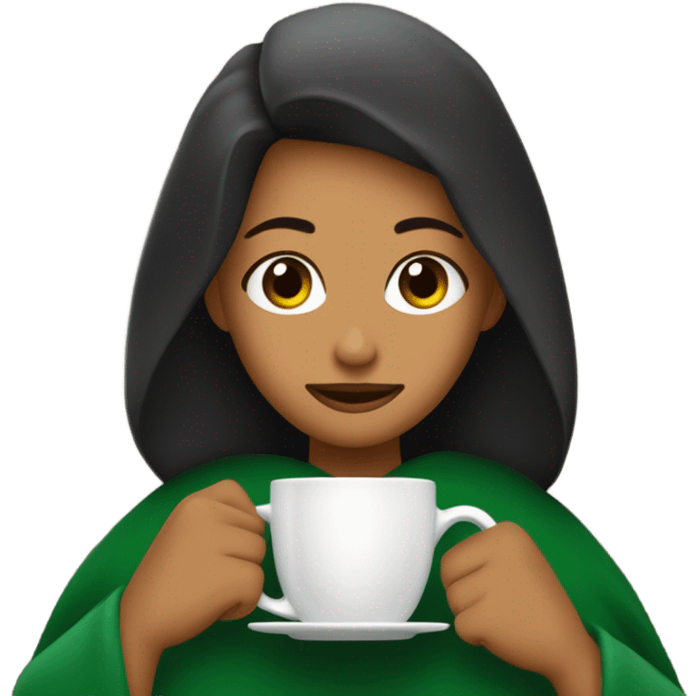 mujer pelo café oscuro ojos verdes tapada con una manta y con un café en las manos  emoji