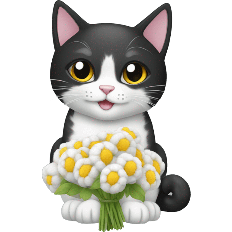 black and white cat with a bouquet of cotton emoji