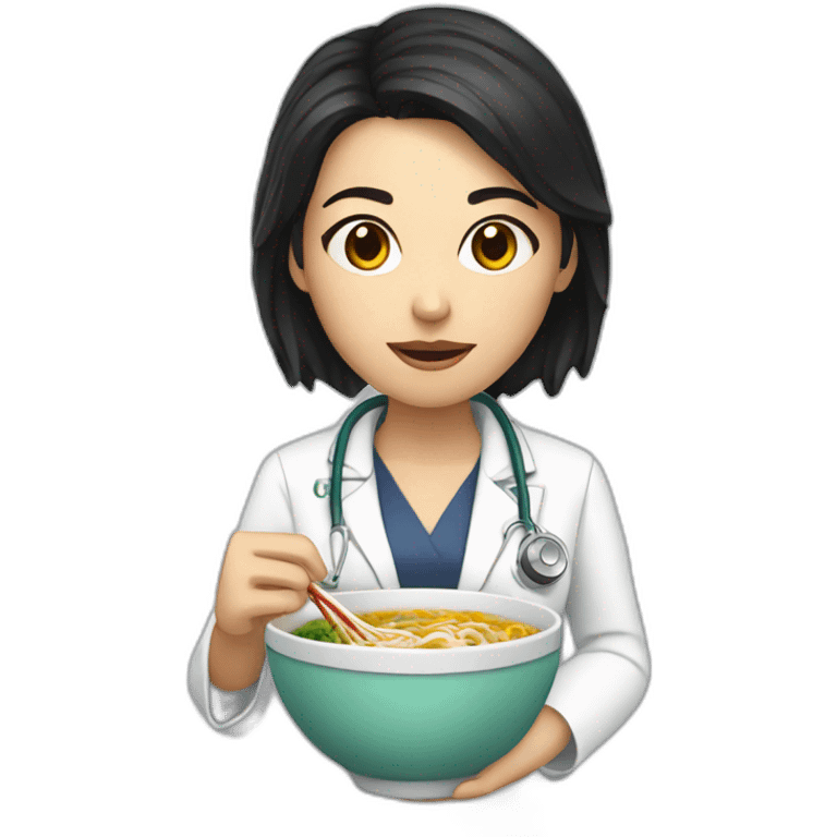 female doctor with dark hair eating ramen bowl emoji